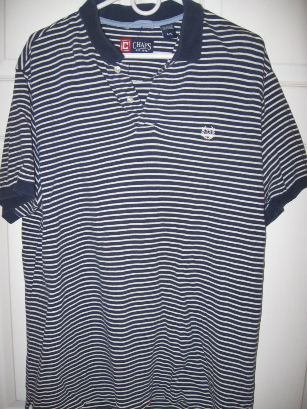Chaps Polo Shirt Men's Size Large Blue & White Breton Striped 100% Cotton